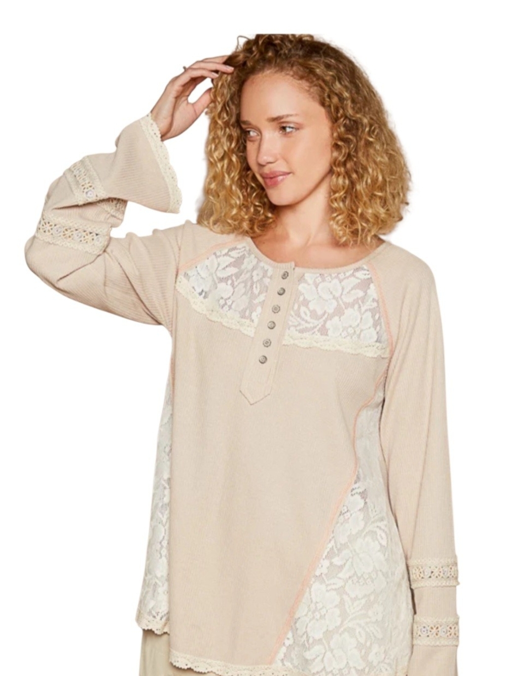 POL Cream Ivory Lace Mixed Media Boho Henley Top Sz M